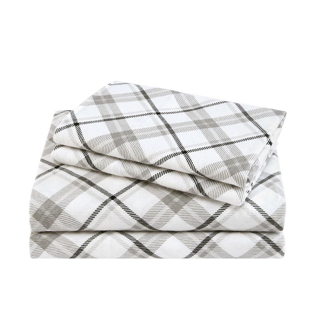 Comfort Spaces Cotton Flannel Breathable Warm Deep Pocket Sheets With Pillow Case Bedding, Twin, Grey Plaid, 3 Piece