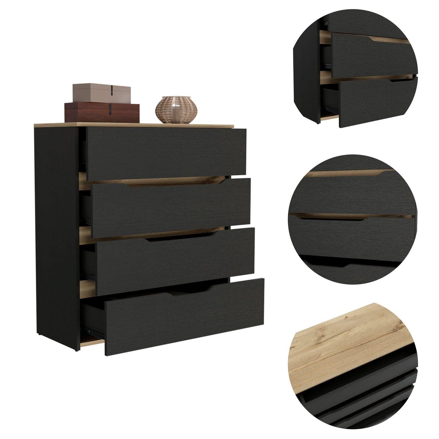Drawer Dresser 35&quot; H, 4 Drawers, Superior Top, Black/Light Oak
