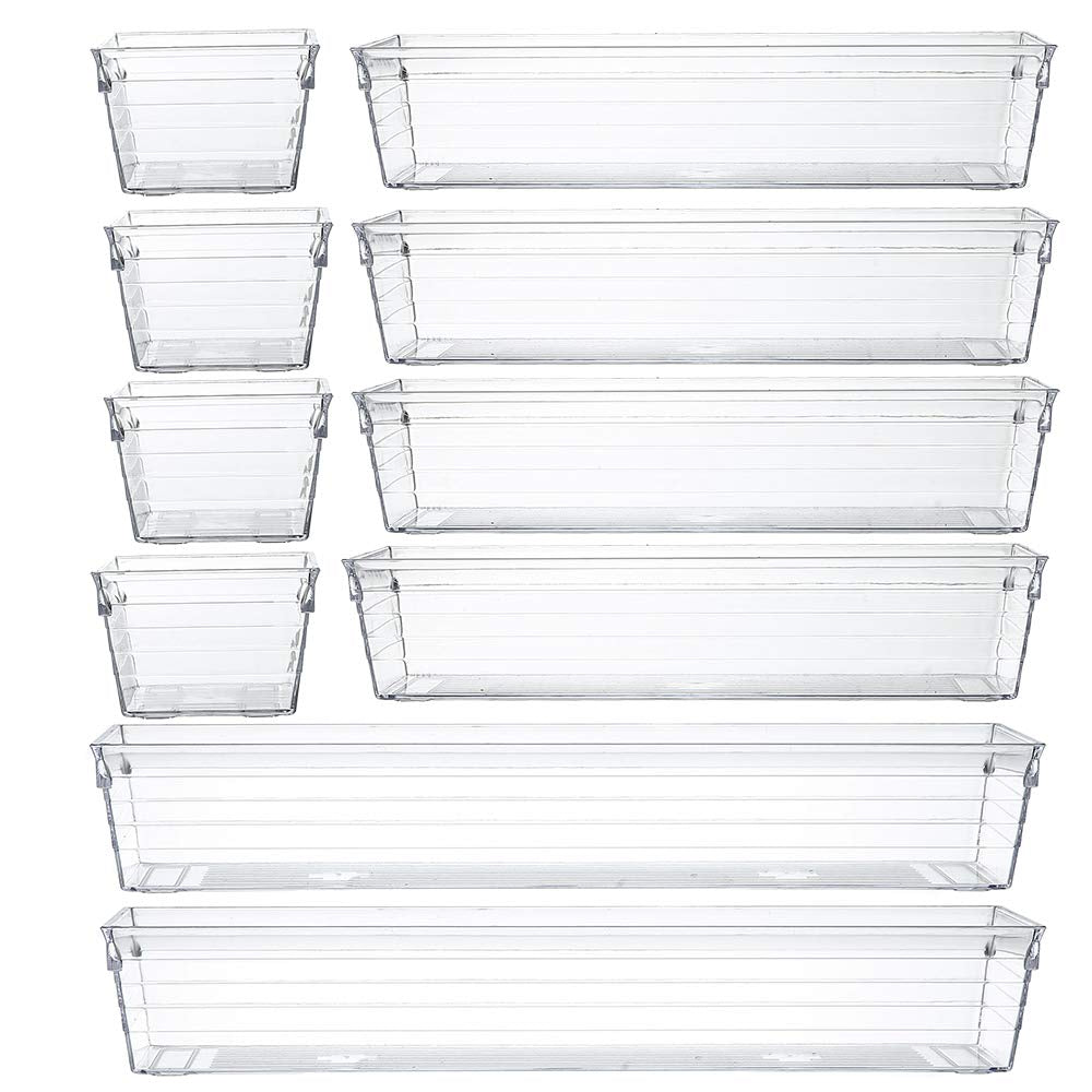 Backerysupply Clear Plastic Drawer Organizer Tray for Vanity Cabinet (Set of 10),Storage Tray for Makeup, Kitchen Utensils, Jewe
