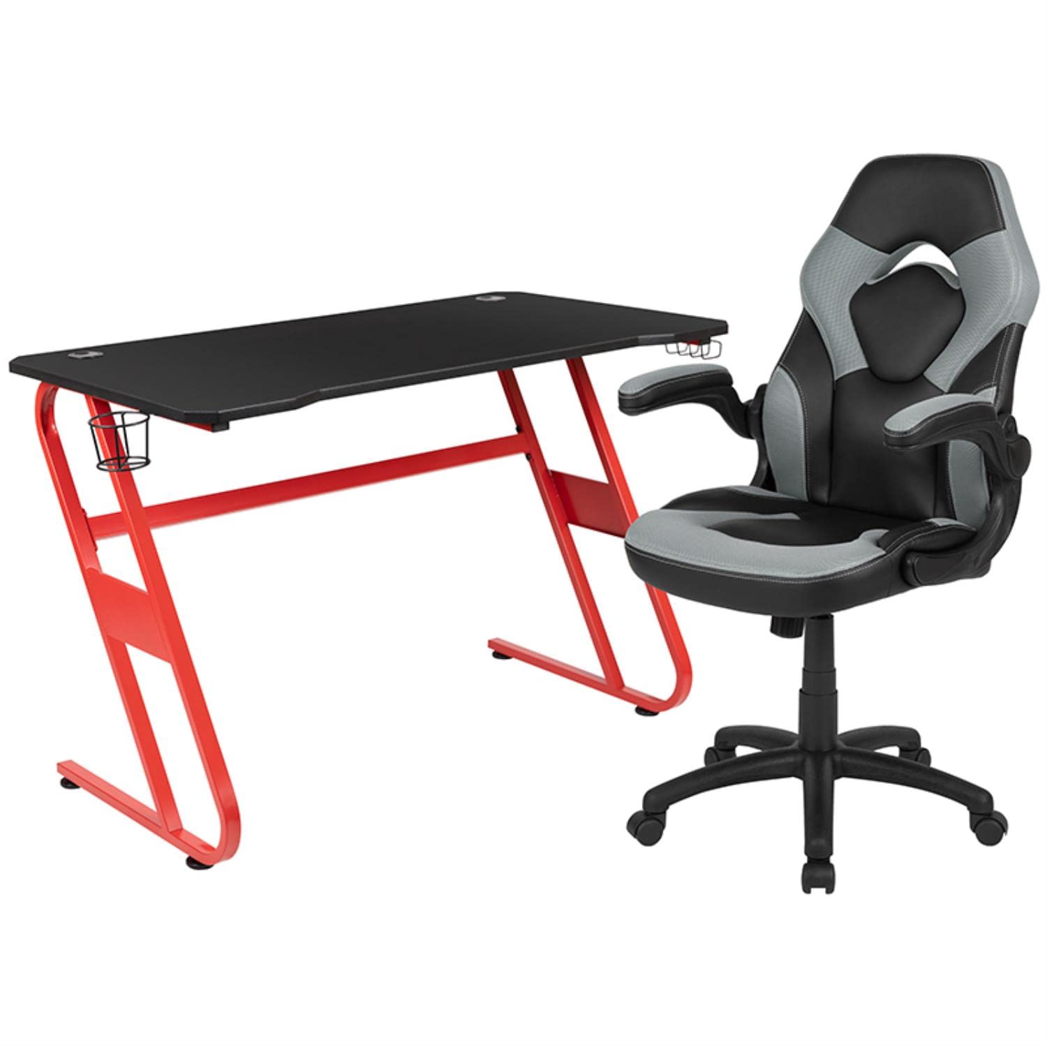 Flash Furniture Red Gaming Desk And Gray/Black Racing Chair Set With Cup Holder And Headphone Hook