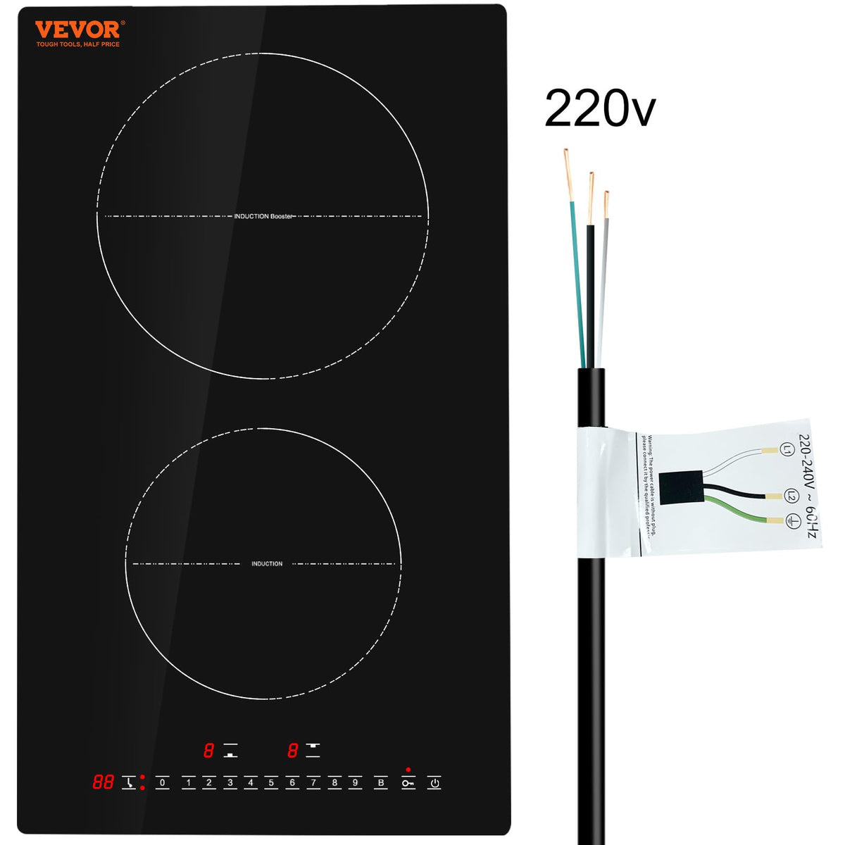 VEVOR Electric Cooktop, 2 Burners, 12'' Induction Stove Top, Built-in Magnetic Cooktop 3000W, 9 Heating Level Multifunctional Bu