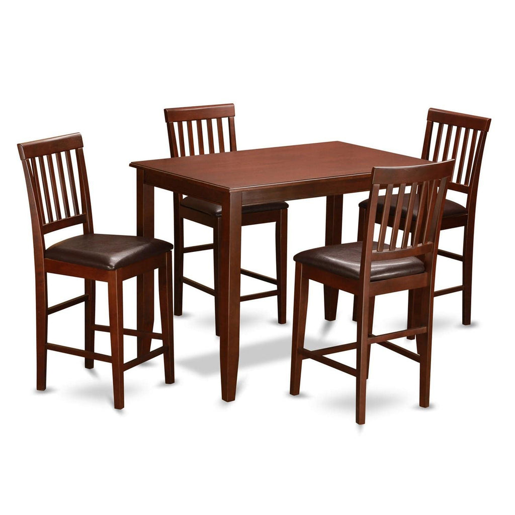 East West Furniture BUVN5-MAH-LC Buckland 5 Piece Counter Height Pub Set Includes a Rectangle Table and 4 Faux Leather Dining Room Chairs, 30x48 Inch, Mahogany