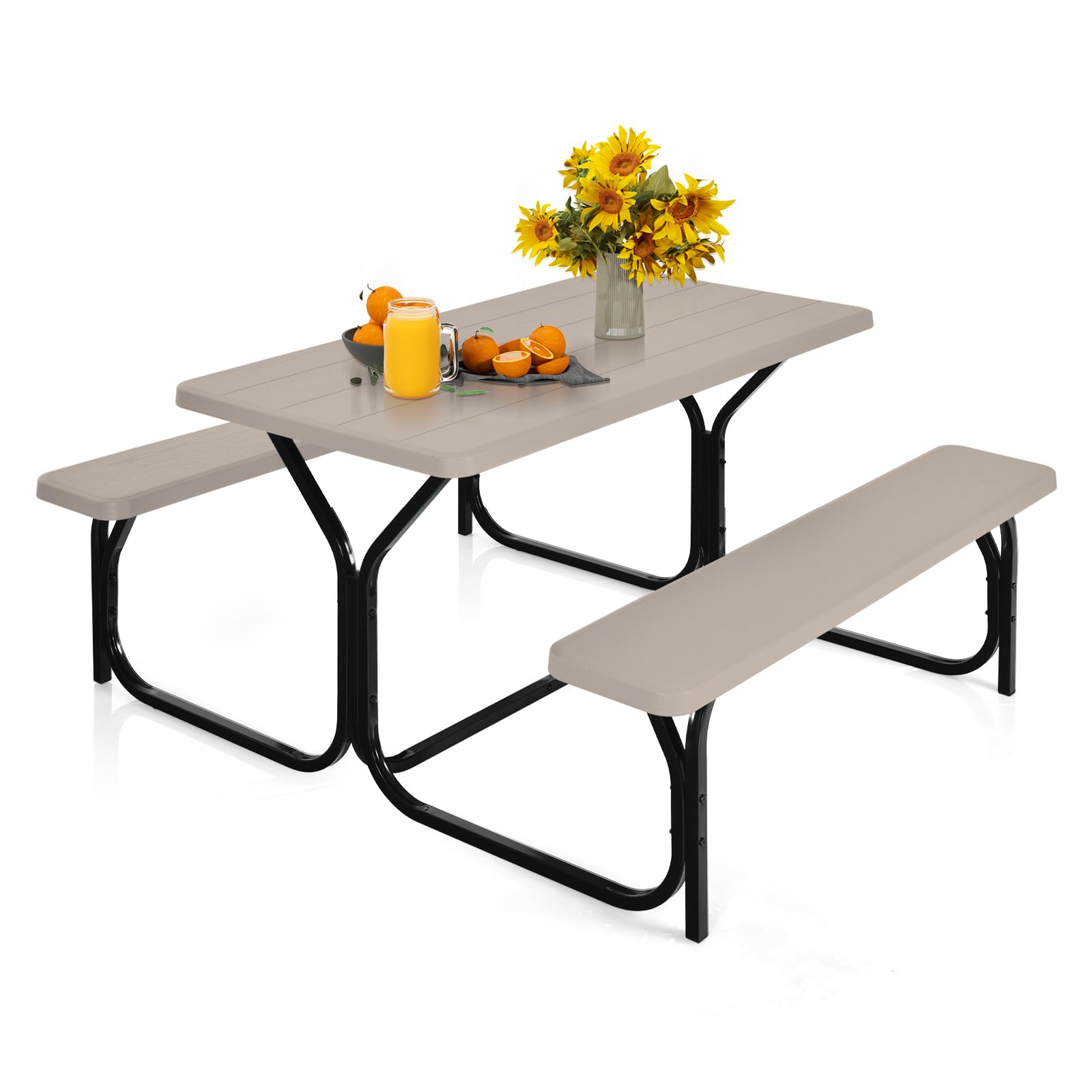 ORALNER Picnic Table, Plastic Dining Table & 2 Benches Set, Weather Resistant Wood Grain Resin Tabletop & Steel Frame, Picnic Ta