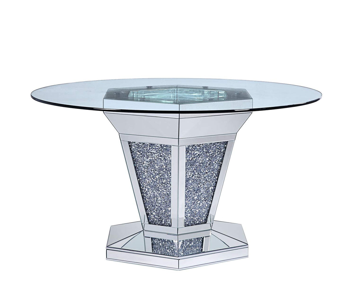 Benjara Faux Crystals And Mirror Inlaid Wooden Dining Table With Pedestal Base, Silver And Clear
