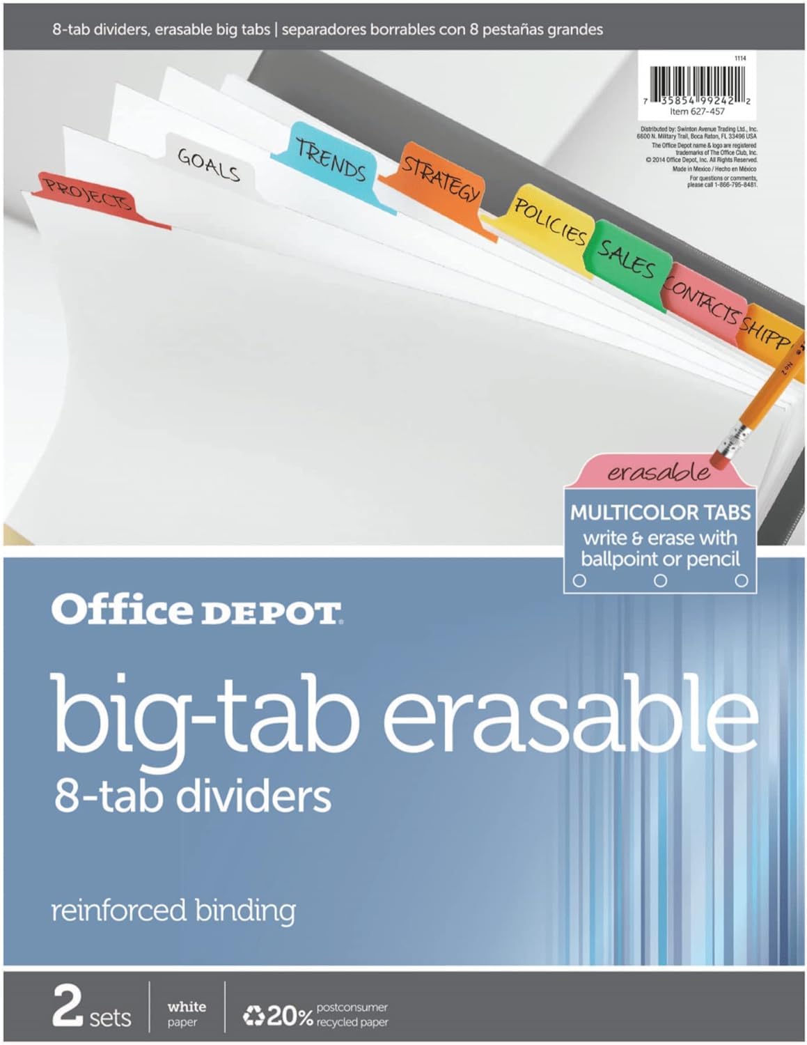Office Depot Brand Erasable Big Tab Dividers, 8-Tab, Assorted Colors, Pack Of 2 Sets