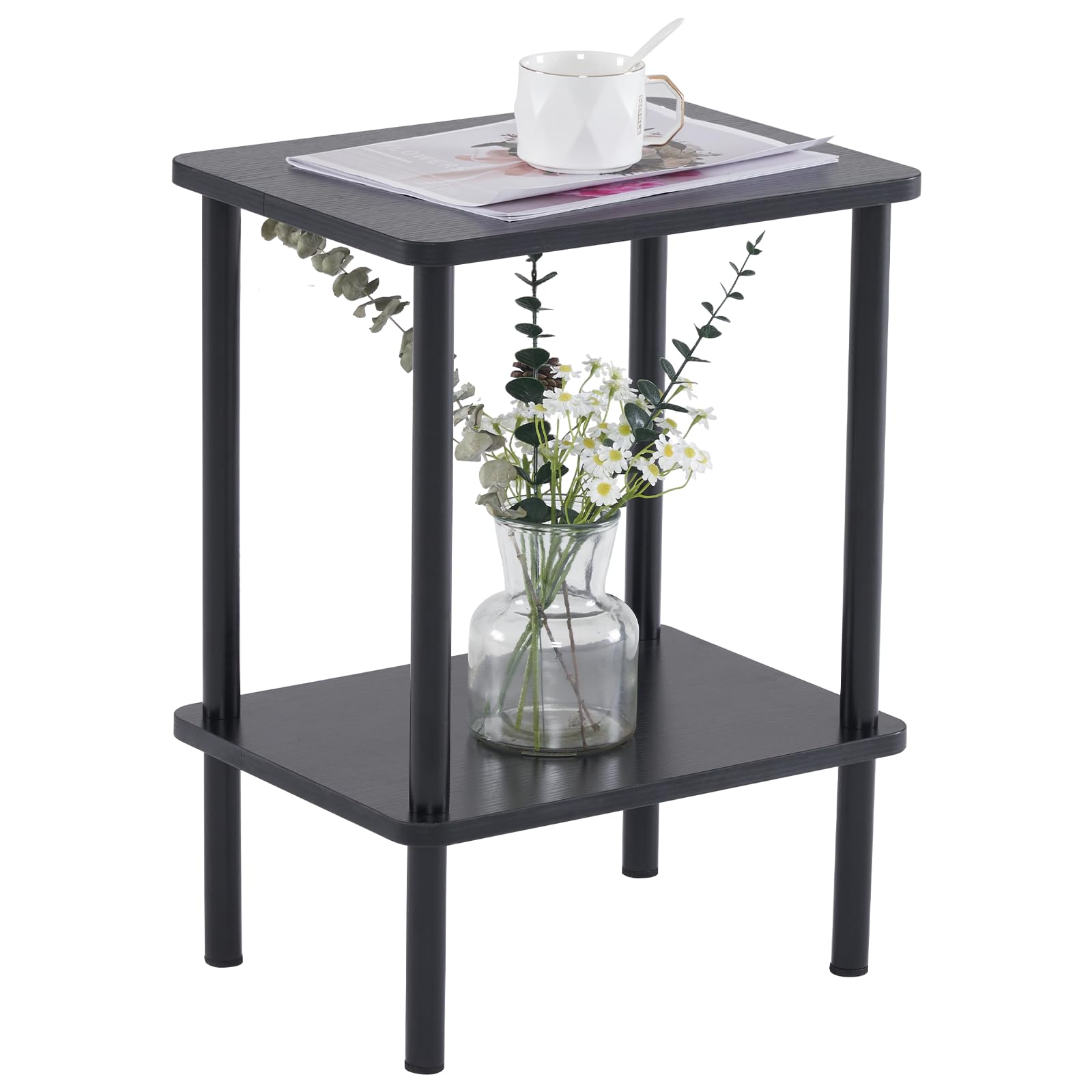 Apicizon 2 Tier End Table, Boho Side Table With Storage Shelf, Nightstand Bedside Table For Small Spaces, Bedroom, Living Room, Entryway, Farmhouse, Easy Assembly,Black
