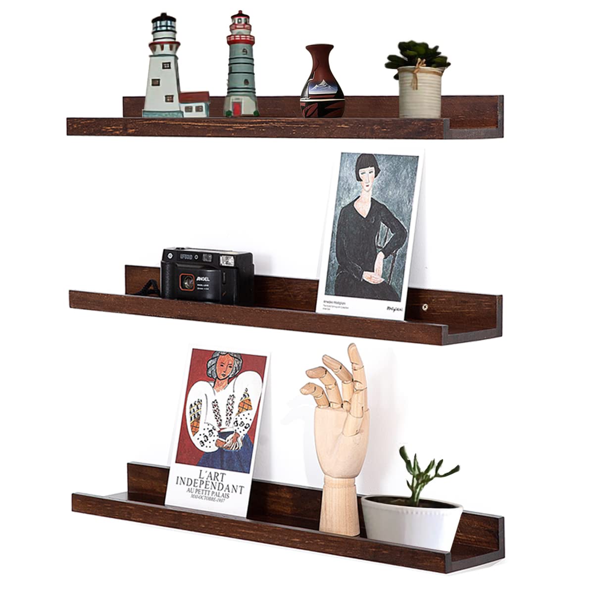 MBYD 16 Inch Wood Floating Shelves Wall Mounted Light Walnut Picture Ledge Shelf Nursery Book Shelves for Home Decor for Bedroom
