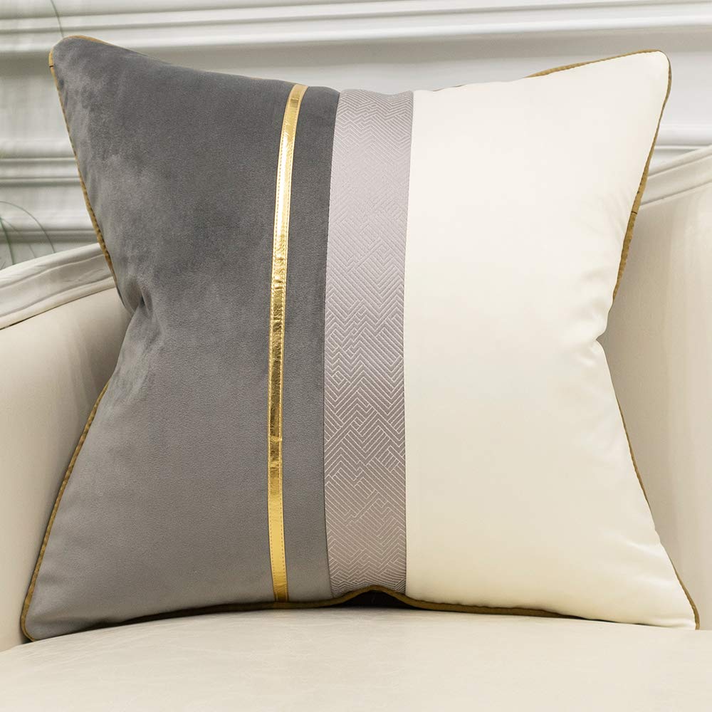 Avigers 16 X 16 Inches Gray White Gold Leather Striped Patchwork Velvet Cushion Case Luxury Modern Throw Pillow Cover Decorative