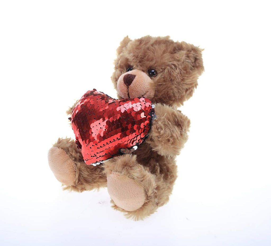 Plushland Stuffed Mocha Heart Bear - Plush Bear Toy For Kids & Adults - Embroidered Heart Pillow - Brown-6 Inches (Red Heart)