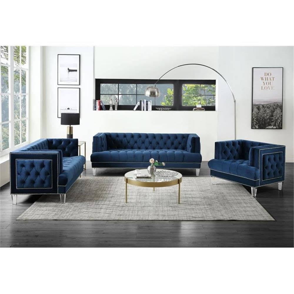 Acme Ansario Velvet Button Tufted Upholstery Sofa with Nailhead Trim in Blue