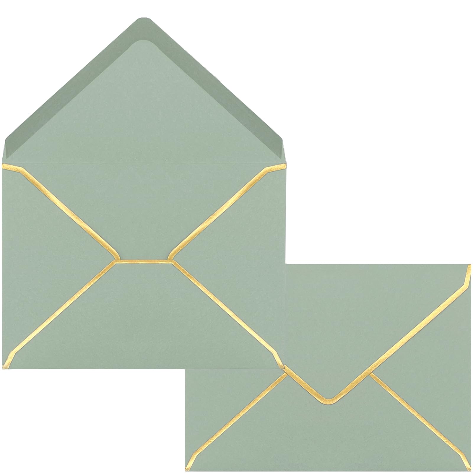 Sylroal 50 Pack Sage Green Envelopes 5X7 For Invitations With Gold Border, Self Adhesive A7 V-Flap Greeting Cards, Invitation We