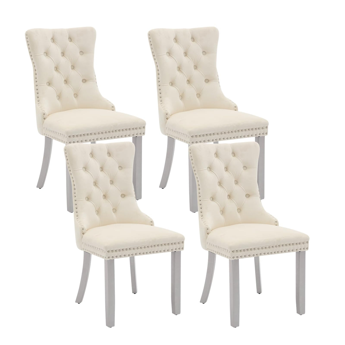 Velvet Dining Chairs Set Of 4, Kitchen & Dining Room Chairs, Upholstered Dining Chairs With Back Ring Pull And Silver Solid Wood