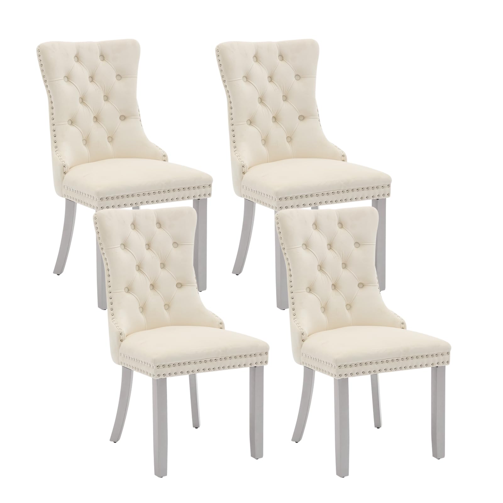Velvet Dining Chairs Set Of 4, Kitchen & Dining Room Chairs, Upholstered Dining Chairs With Back Ring Pull And Silver Solid Wood