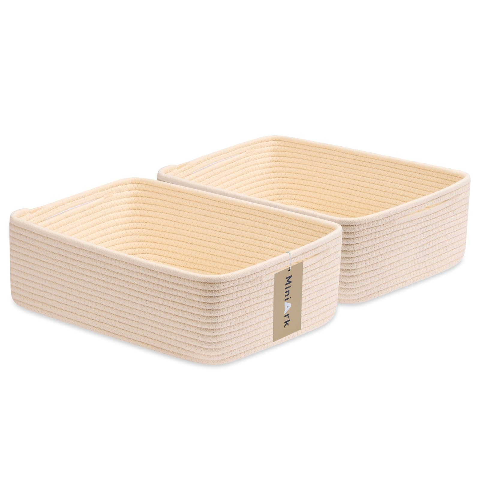 MiniArk Large Shallow Organizing Baskets 15x11x5.1 Inches - Rope Woven Storage Bins for Bathroom, Shelves, Cube Closet, Beige 2 