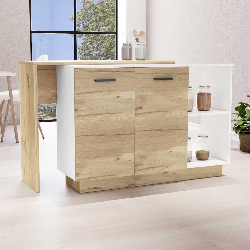 Creta Kitchen Island, Double Door Cabinets, 2 External Shelves, 3 Shelves, White/Light Oak