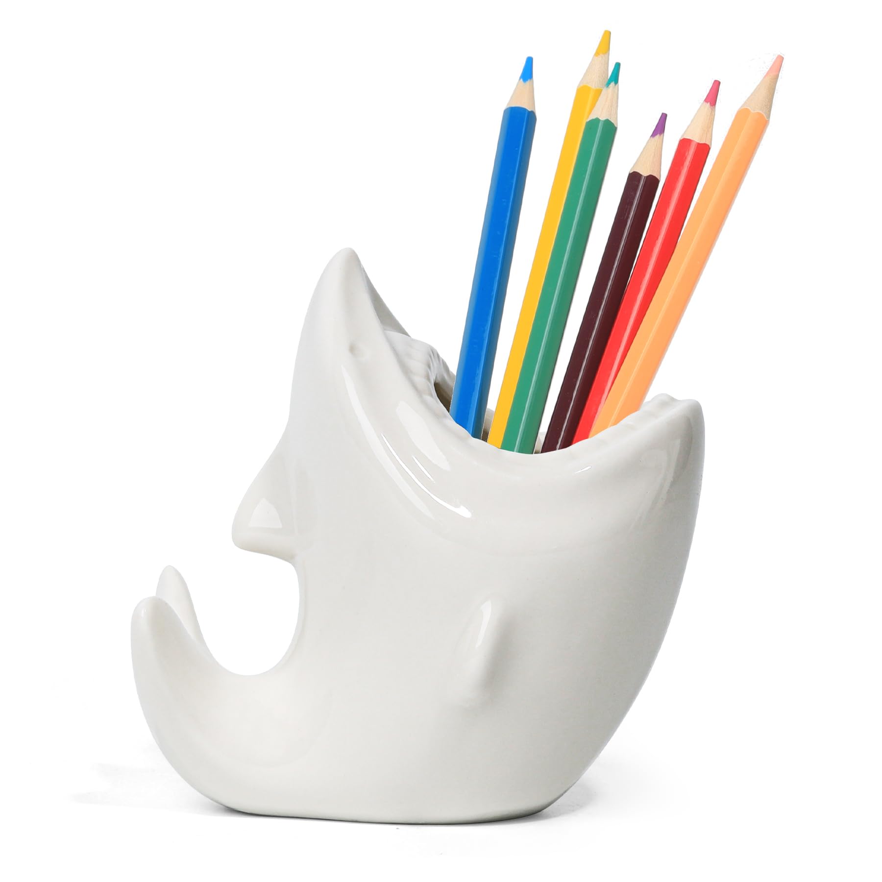 Comsaf Cute Shark Shaped Pen Pencil Holder, White Ceramic Succulent Planter Pots For Home Office Decoration Desk Organization, S