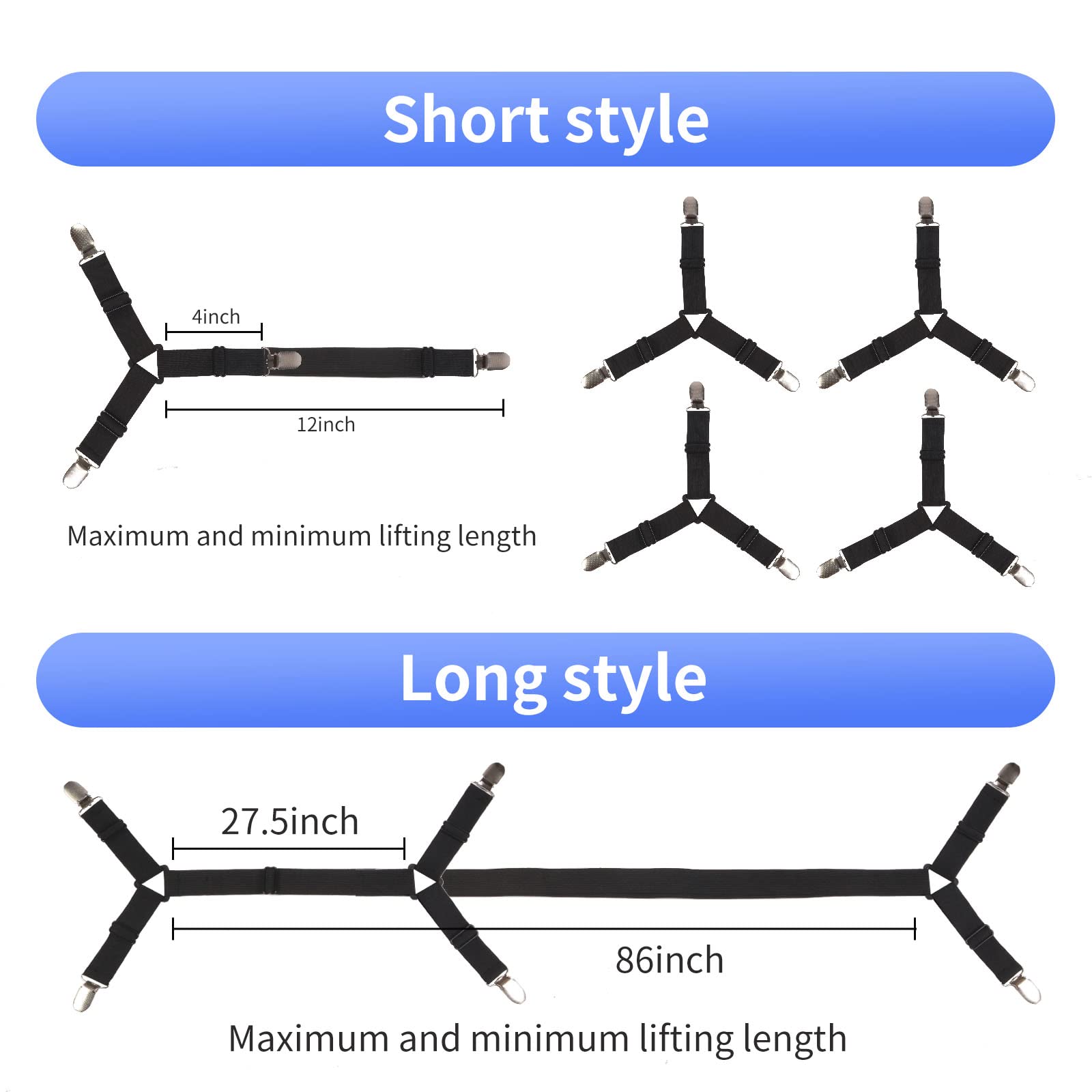 Luyena Bed Sheet Straps,4+1 Pcs Fitted Sheet Clips Holder,Upgraded Triangular Sheet Clip For Corner, Elastic Adjustable Sheet Strap For Mattress Cover, Sheet, Sofa Cushion 1(Black)