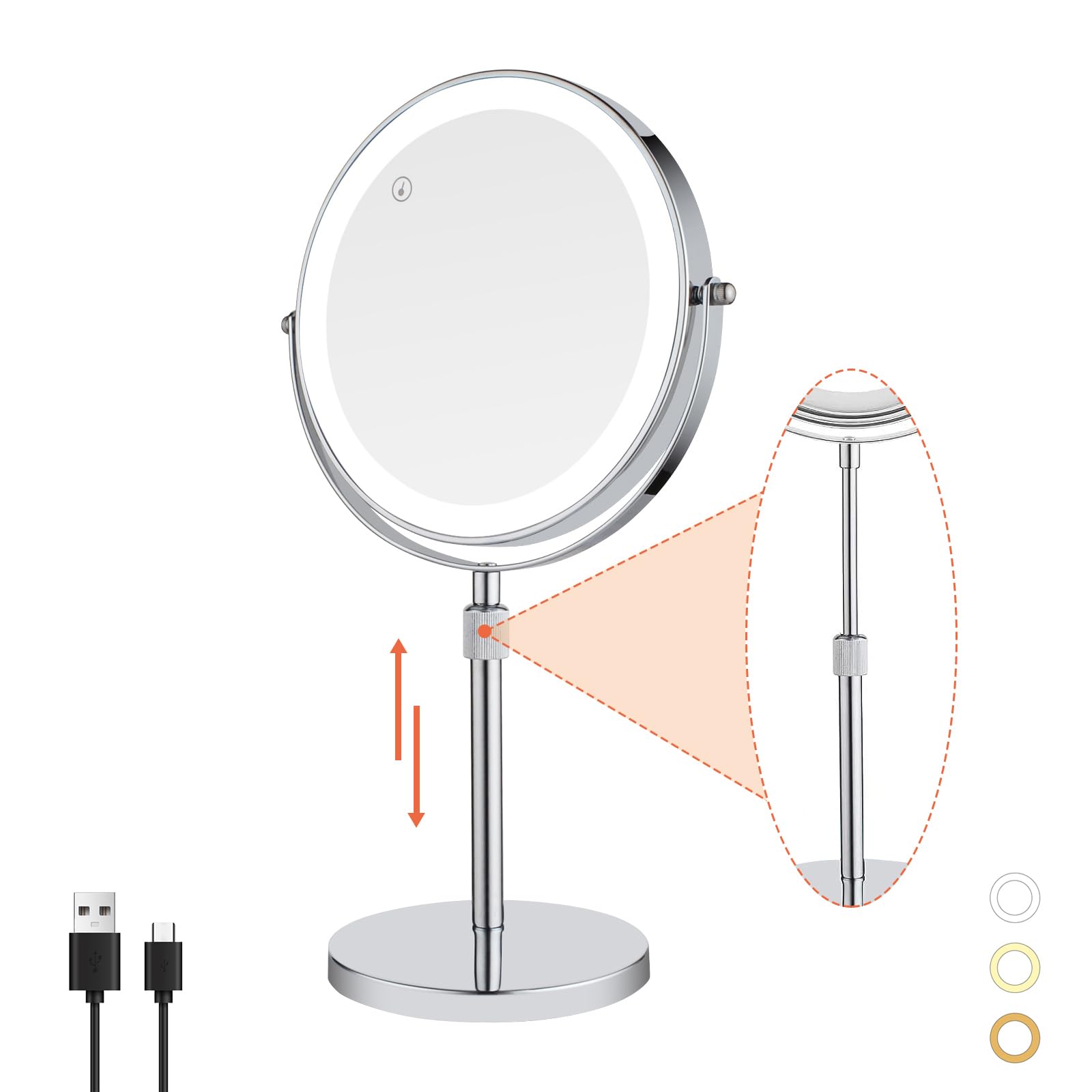 Nicesail LED Lighted Makeup Mirror Tabletop, 10X Magnifying Mirror with 3 Color Lights, Brightness Adjustable Height Adjustable,