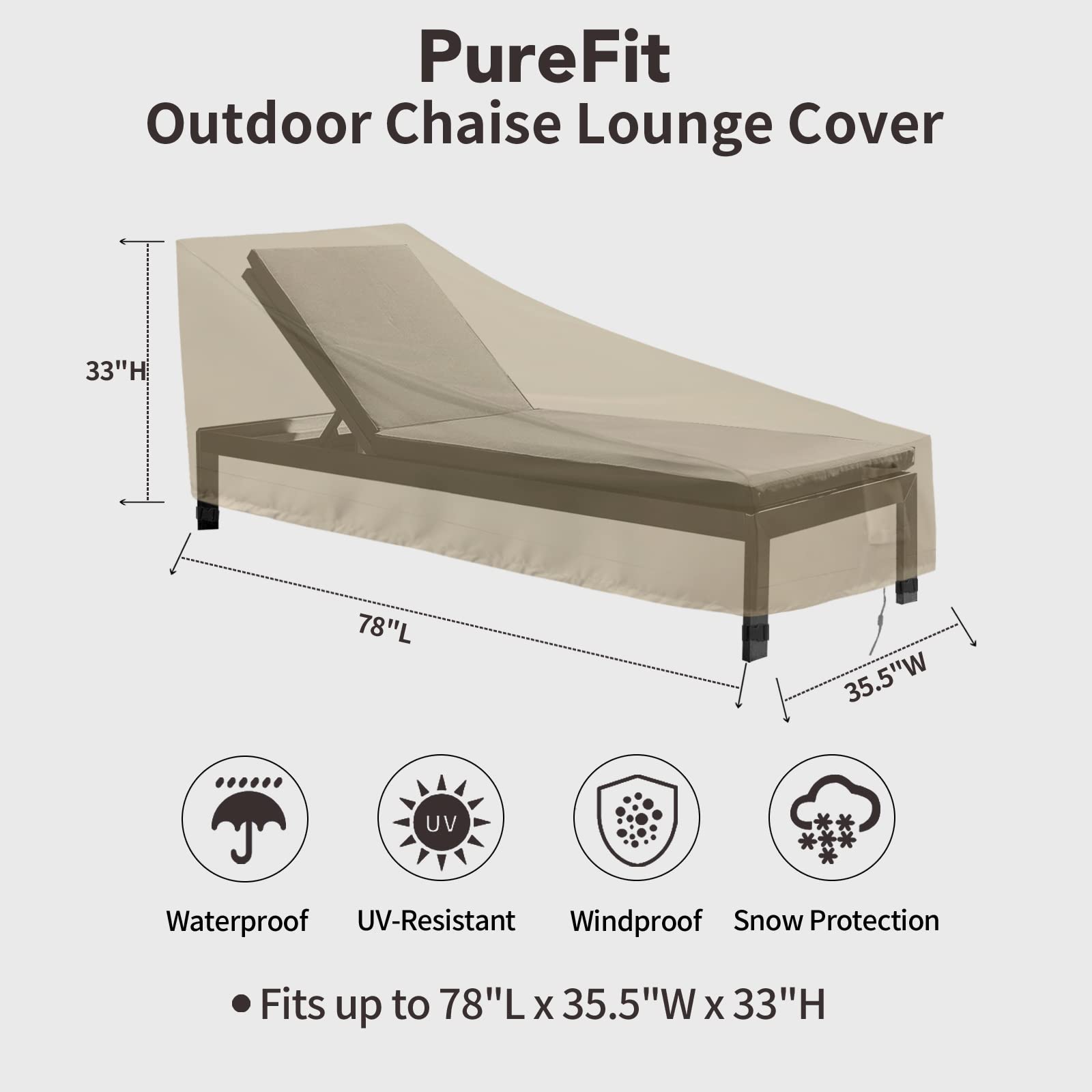 Purefit Outdoor Chaise Lounge Cover, Lounge Chair Covers Waterproof Patio Furniture Lounge Chair Cover, Uv Resistant & Weatherproof, 1 Pack, 78'L X 35.5'W X 33'H Inches, Camel