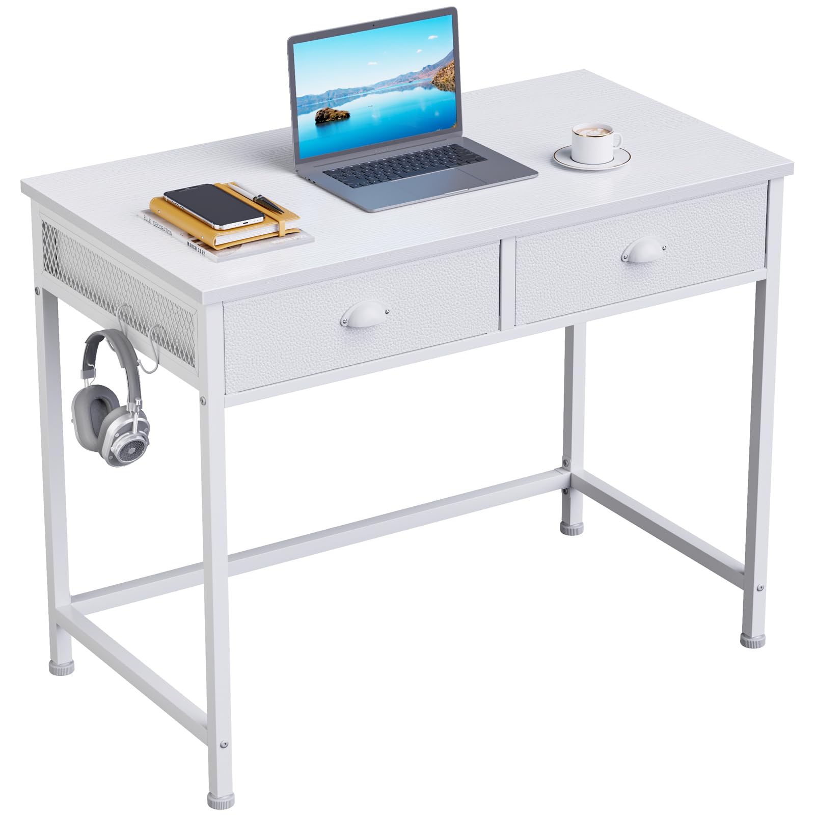Furologee White Small Computer Desk With 2 Fabric Drawers, 36 Inch Simple Home Office Writing Desk, Vanity Desk With Hooks, Study Desk For Bedroom Small Spaces