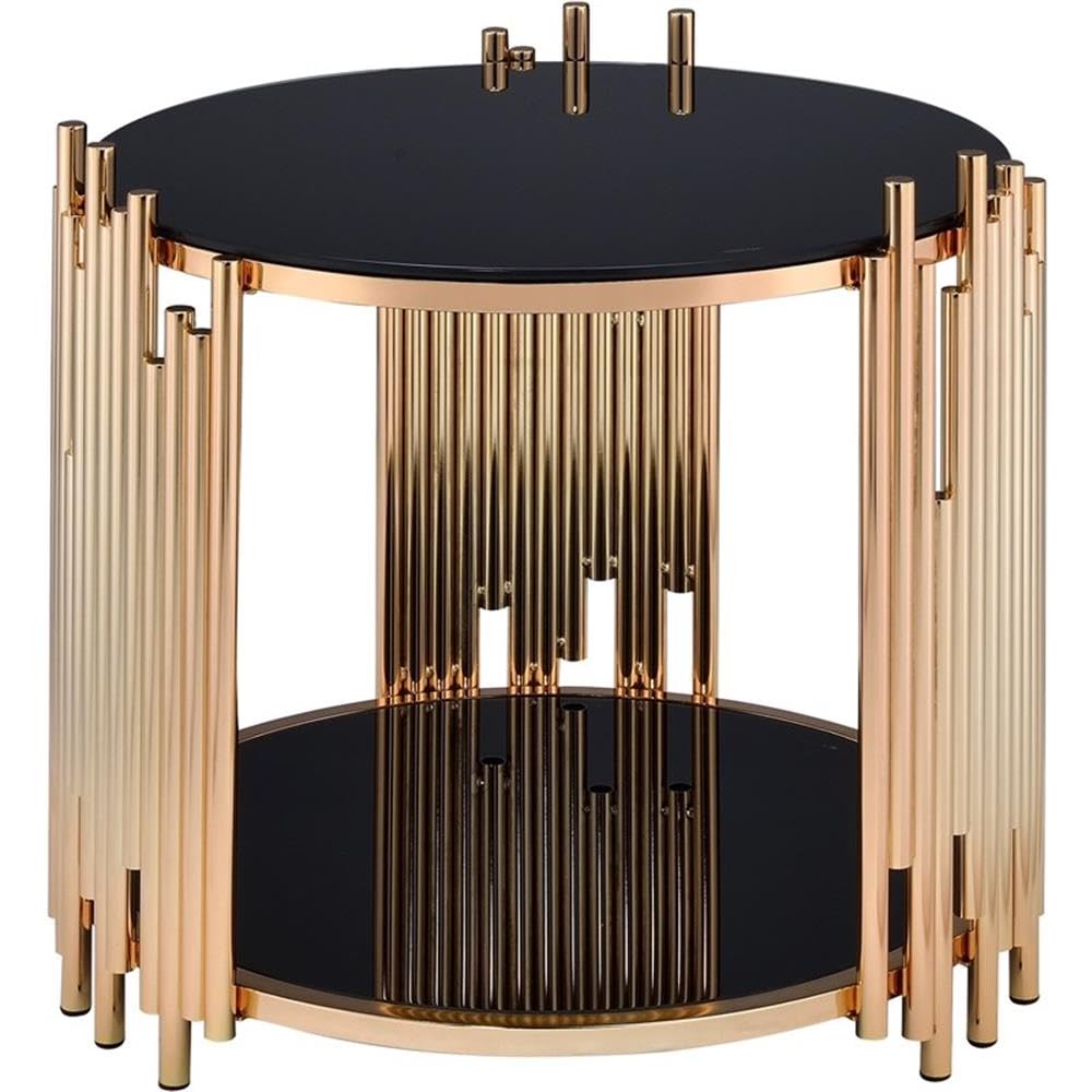 Acme Tanquin Round Glass Top End Table in Black Glass and Gold