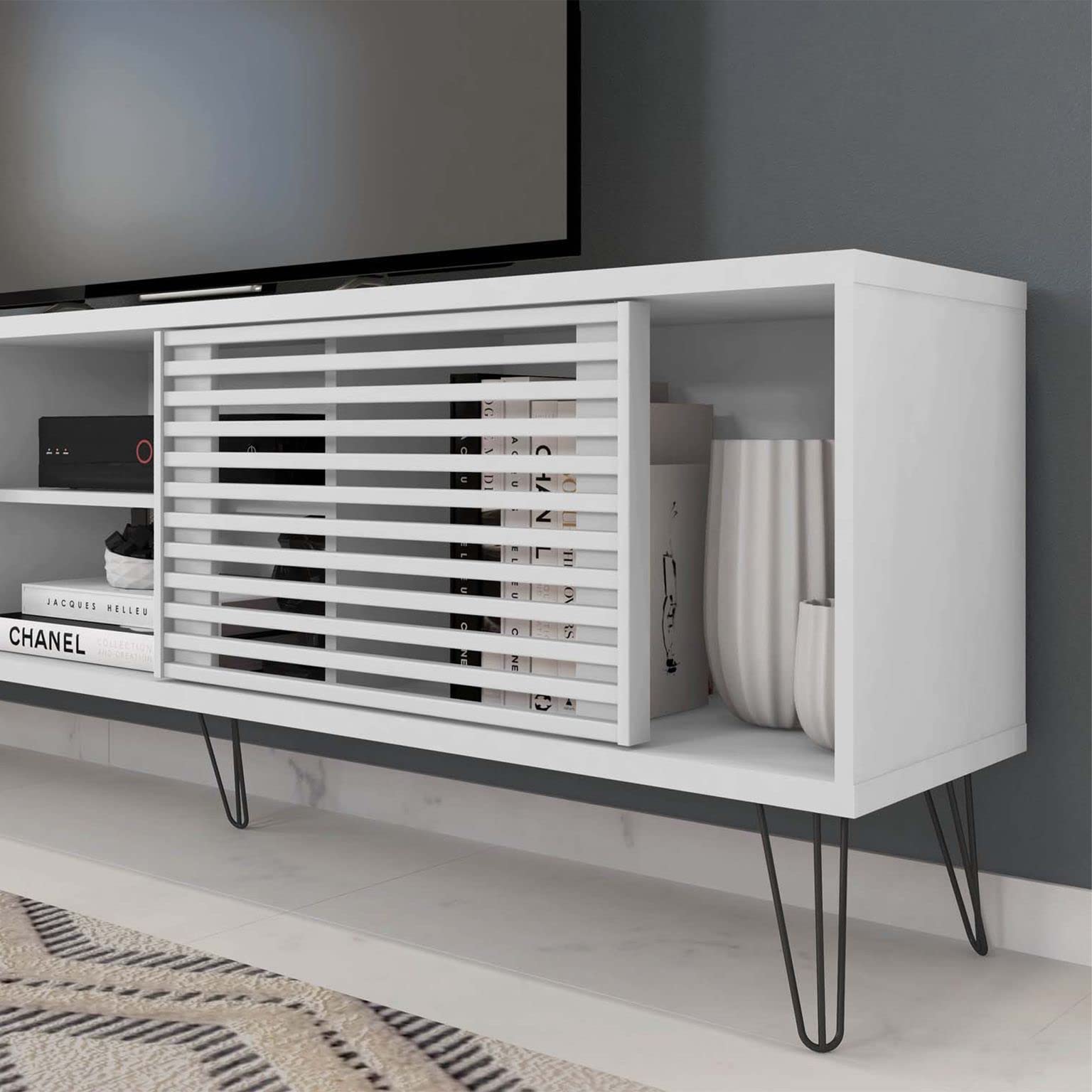 Woodpeckers Furniture And Mattress Frizz Mid-Century Modern TV Stand for 70 Inch TV (White)