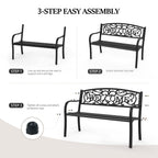 Vingli Outdoor Metal Garden Bench With Pvc Back Pattern, Black Steel Welcome Bench For Patio, Porch, Deck, Yard, Lawn Decor Entryway