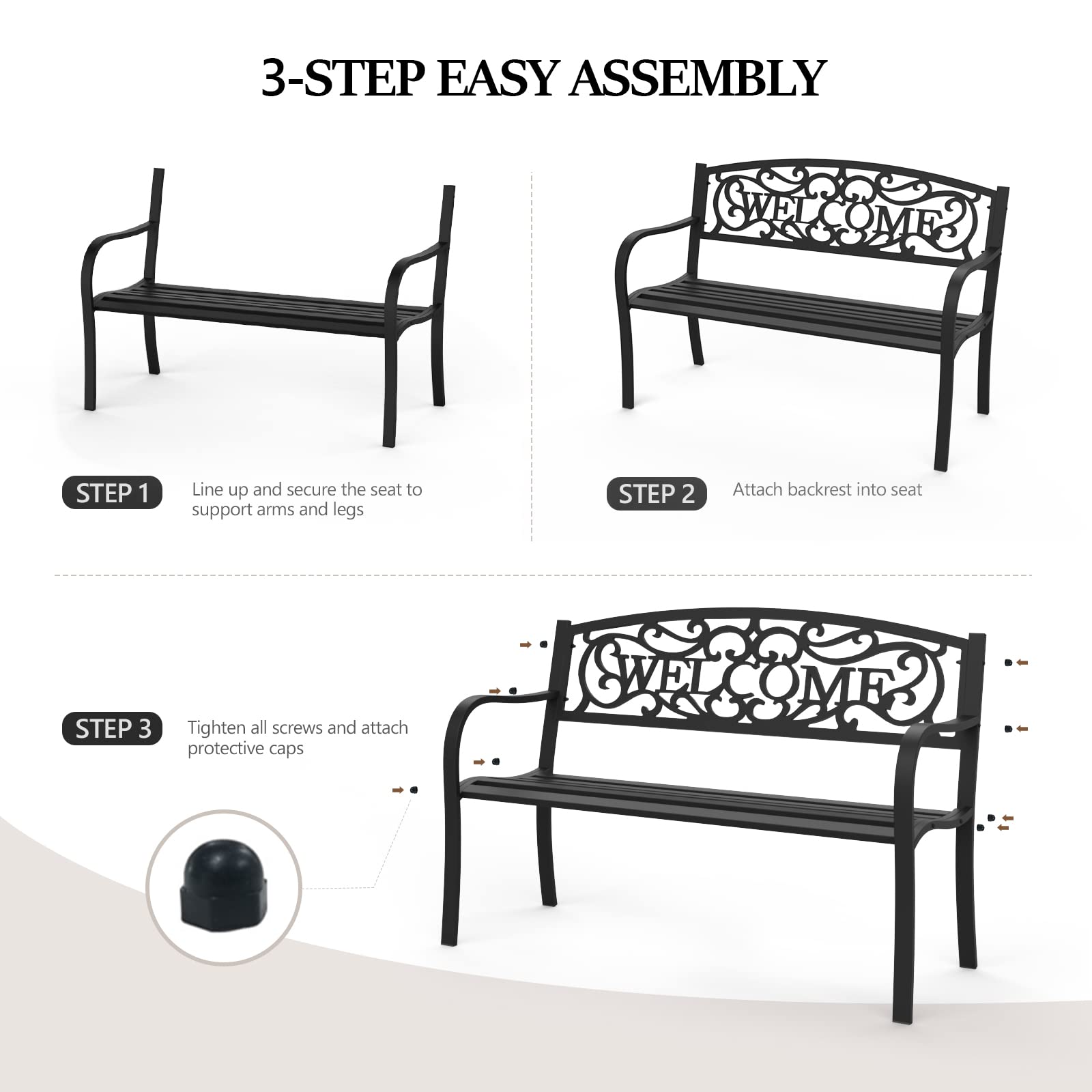 Vingli Outdoor Metal Garden Bench With Pvc Back Pattern, Black Steel Welcome Bench For Patio, Porch, Deck, Yard, Lawn Decor Entryway