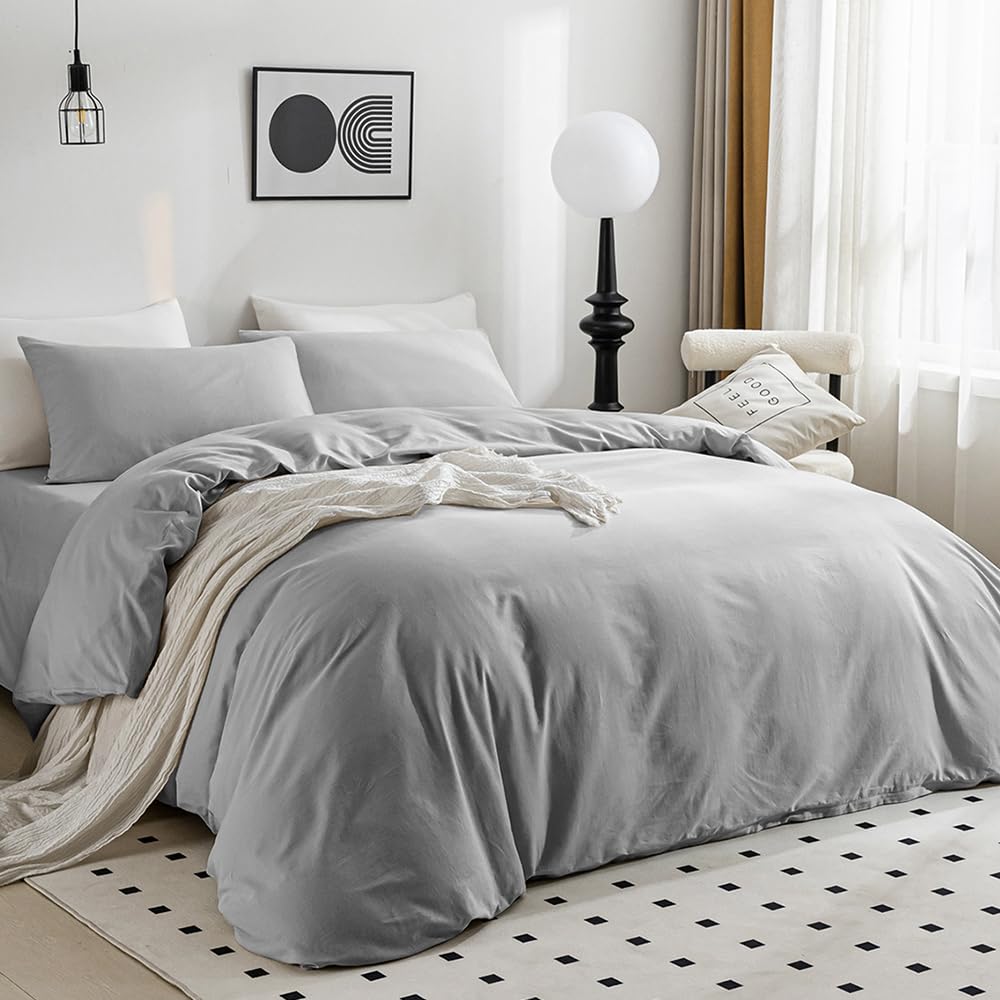 Jellymoni Light Gray Duvet Cover King Size - 100% Washed Cotton Linen Feel Textured Comforter Cover, 3 Pieces Lightweight Soft B