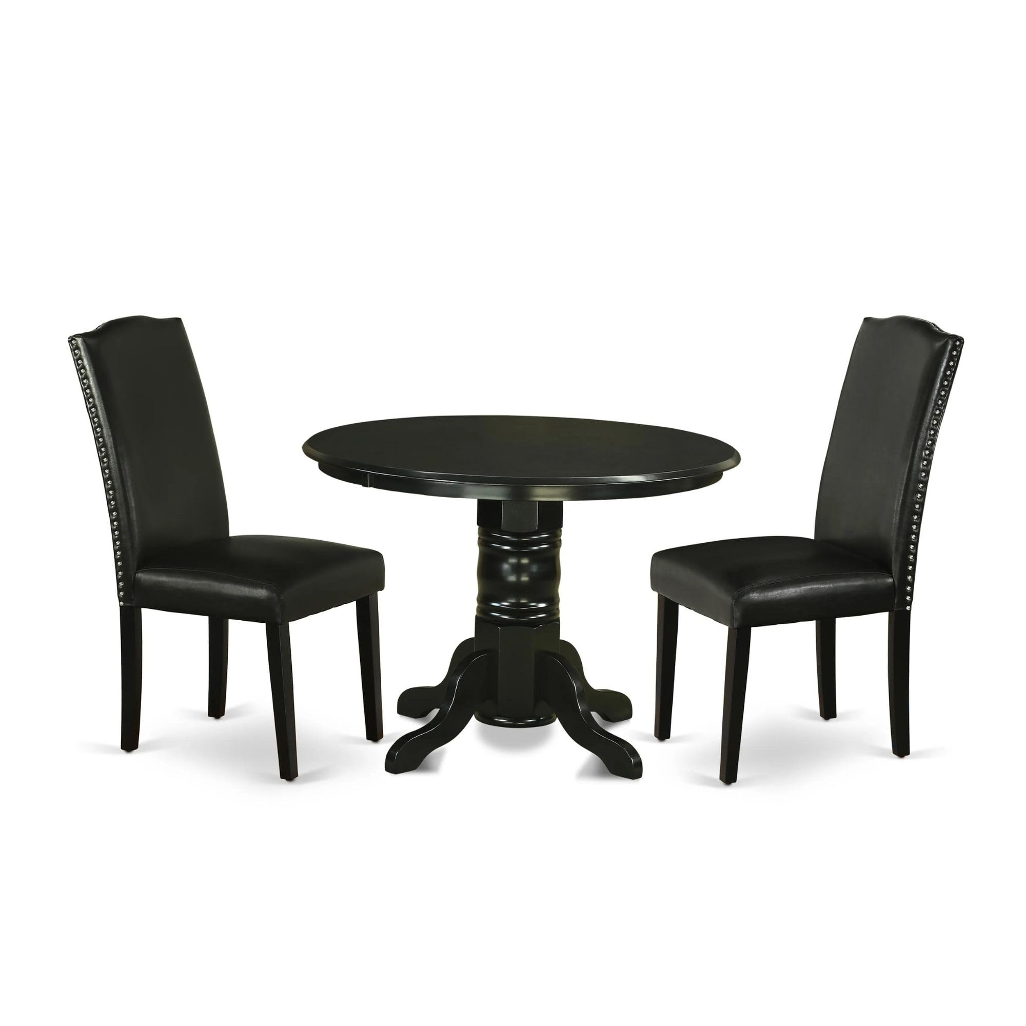 East West Furniture Shen3-Blk-69 3 Piece Kitchen Table Set Contains A Round Dining Table With Pedestal And 2 Black Faux Leather Parson Dining Room Chairs, 42X42 Inch, Black
