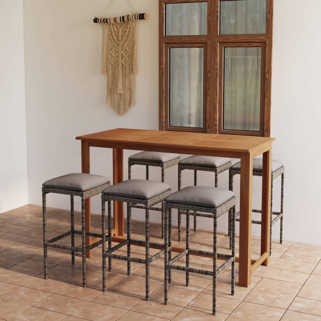 vidaXL Outdoor Seven -Piece Patio Bar Set with Cushions - Durable Acacia Wood Fabric - Weather-Resistant Gray PE Rattan - Comfortable Seat Cushions