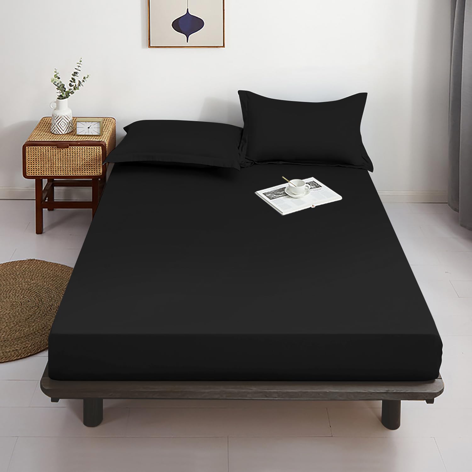 Lirex Fitted Sheet, Twin Xl Size 100% Egyptian Cotton 300 Thread Count Soft Breathable Fitted Sheet, 100X190Cm, Black