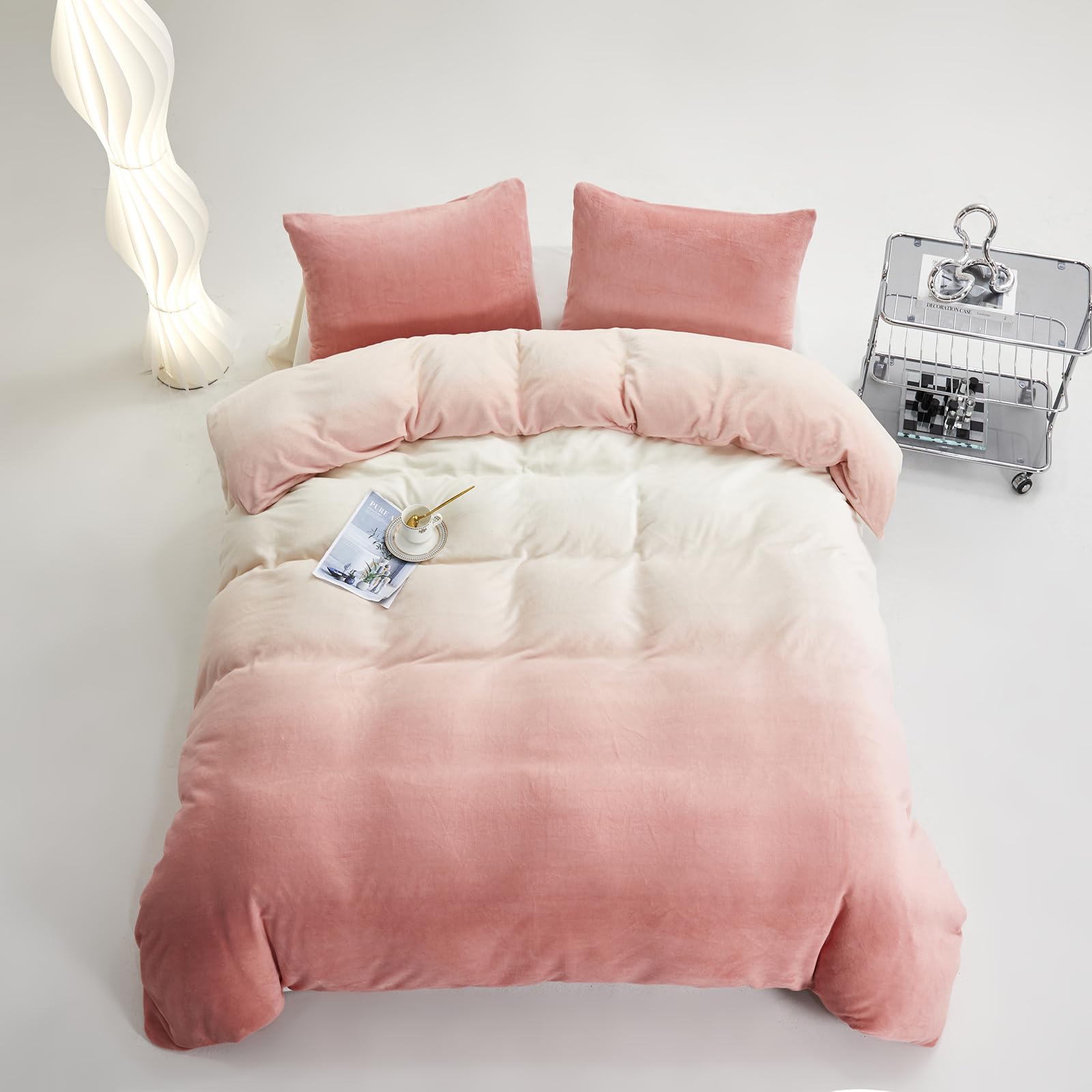 Houseri Pink White Velvet Comforter Set Queen Gradient Light Pink Fluffy Fuzzy Bedding Quilts Women Girls Ultra Comfy Soft Baby