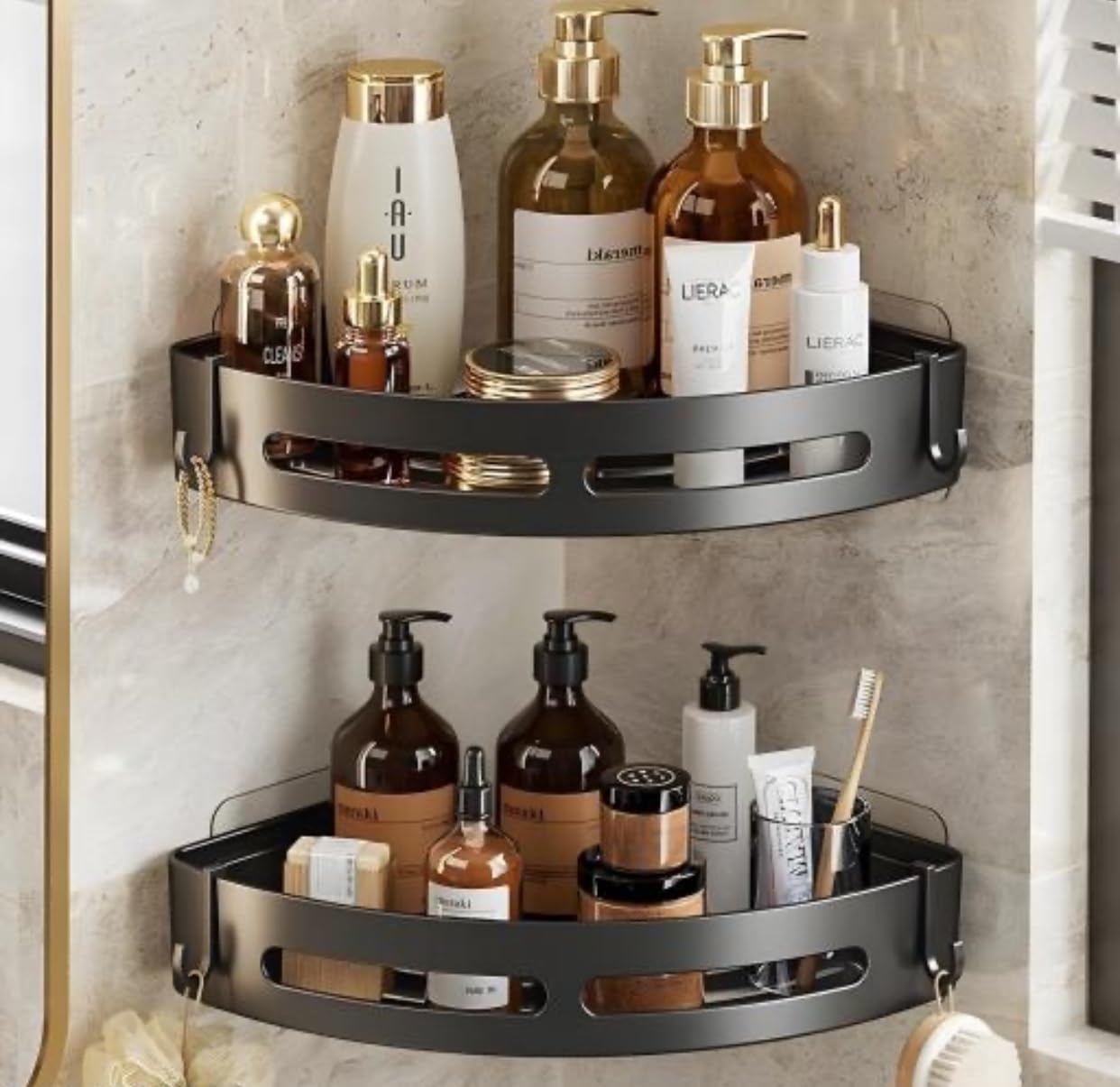 Zebabi Corner Shower Shelf, Black, Wall Mounted, No Drilling, Adhesive, 2 Pack, Bathroom Organiser With Hooks