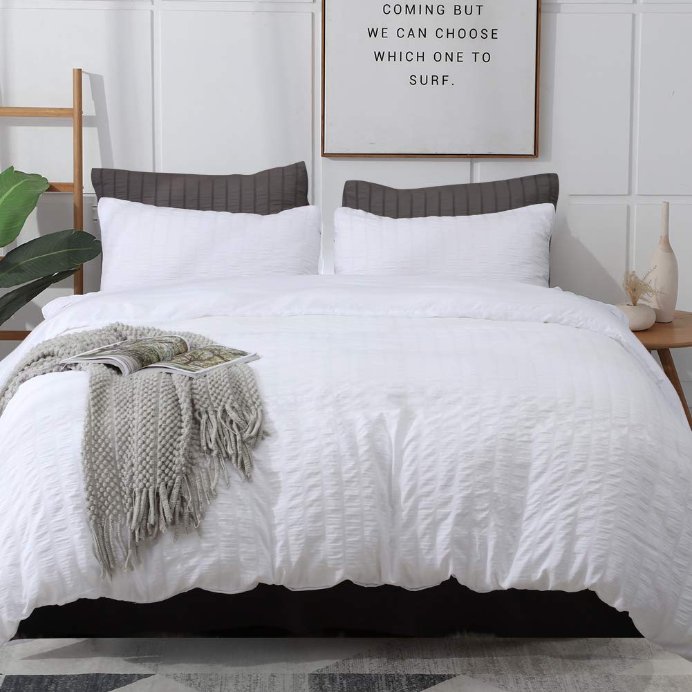 Avelom White Duvet Cover King (104 X 90 Inches), 3 Pieces (1 Duvet Cover + 2 Pillow Cases), Seersucker Textured Ultra Soft Washe