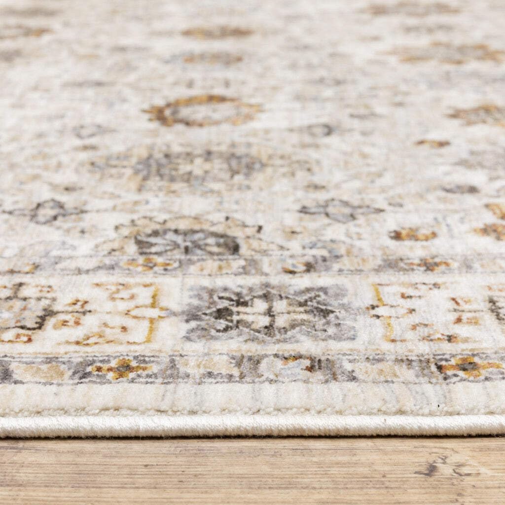 HomeRoots 509448 10 x 13 ft. Ivory & Gold Oriental Power Loom Stain Resistant Rectangle Area Rug with Fringe