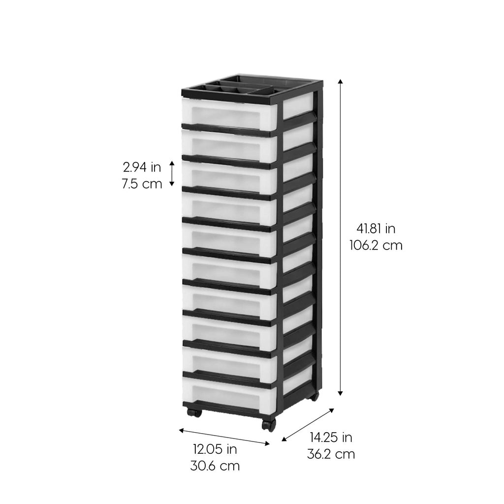 Iris Usa Plastic Drawer Storage Organizer Rolling Cart, With Wheels Casters, 10-Drawers, For Classroom Art Craft Supplies Dresser Closet Bathroom Bedroom, Top Organizer For Small Parts, Black/Pearl