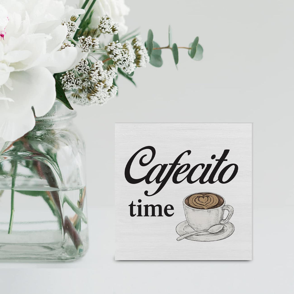 Country Cafecito Time Wood Box Sign Decor Desk Sign Coffee Caffeine Lover Wooden Box Block Sign Rustic Home Kitchen Shelf Tablet