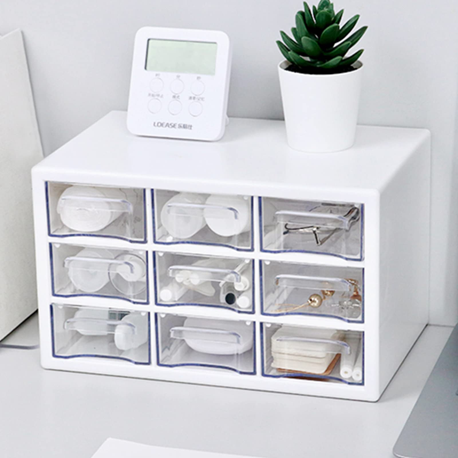 Desk Storage Organizer With 9 Drawers, Mykasen Clear Plastic Storage Cabinet, Stackable Desk Storage Box For Makeup Office Craft