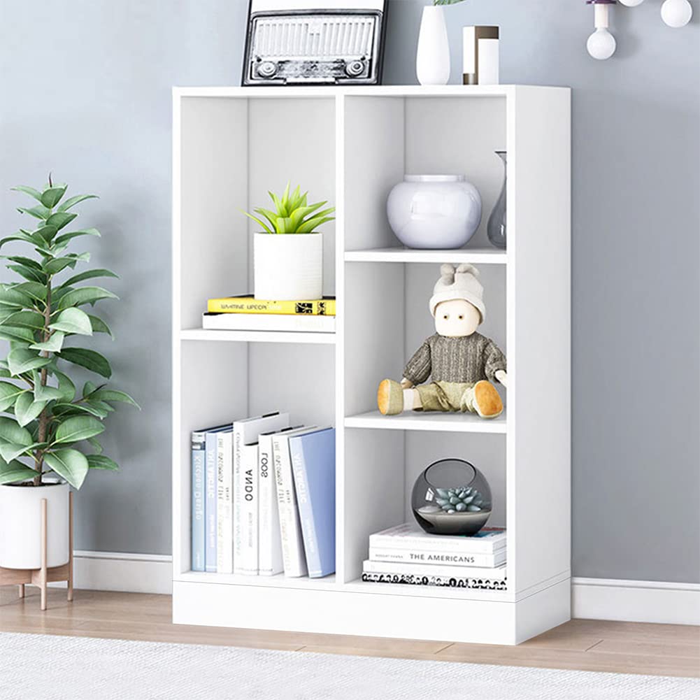 IOTXY Open Shelf Low Bookcase - Wooden 3-Tier Floor Standing Display Cabinet Organizer with Base, 5 Cubes Short Horizontal Books