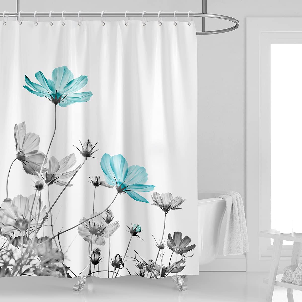 Kikiry Teal and Gray Floral Shower Curtain 60W x 72L Daisy Flower Elegant Wildflower Design Farmhouse Polyester Fabric Water