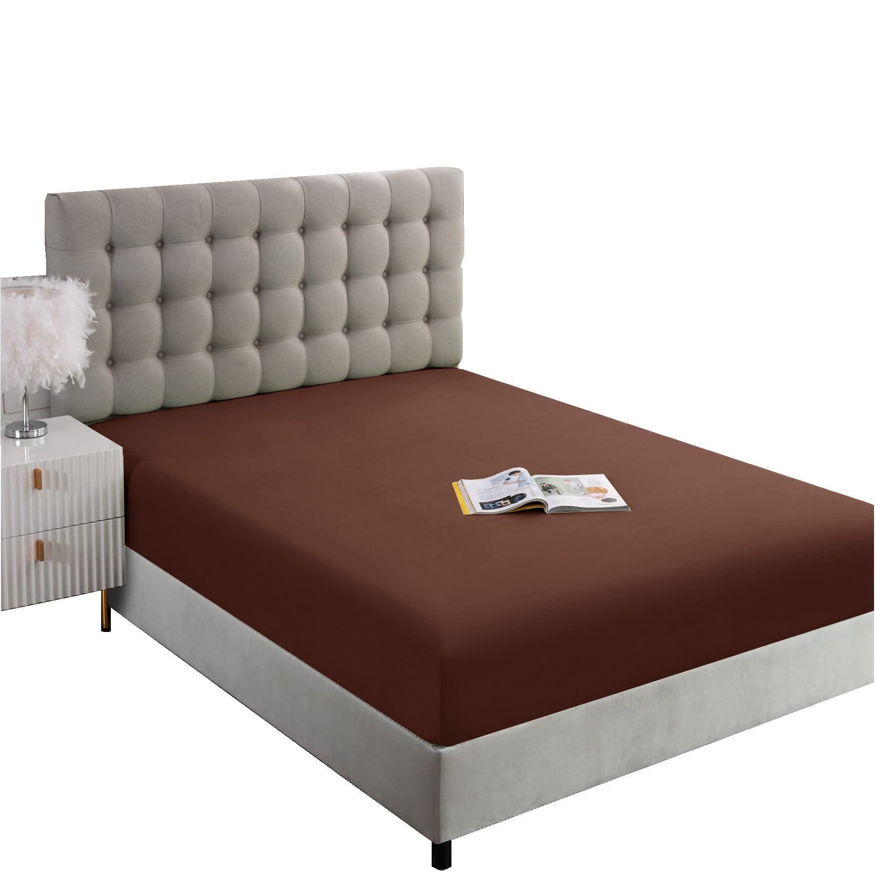 Ghooss Fitted Sheet Queen Size,Soft Microfiber Brown Fitted Bottom Sheet Only Deep Pocket Up To 14 Inch,1 Pack,Brown,Queen