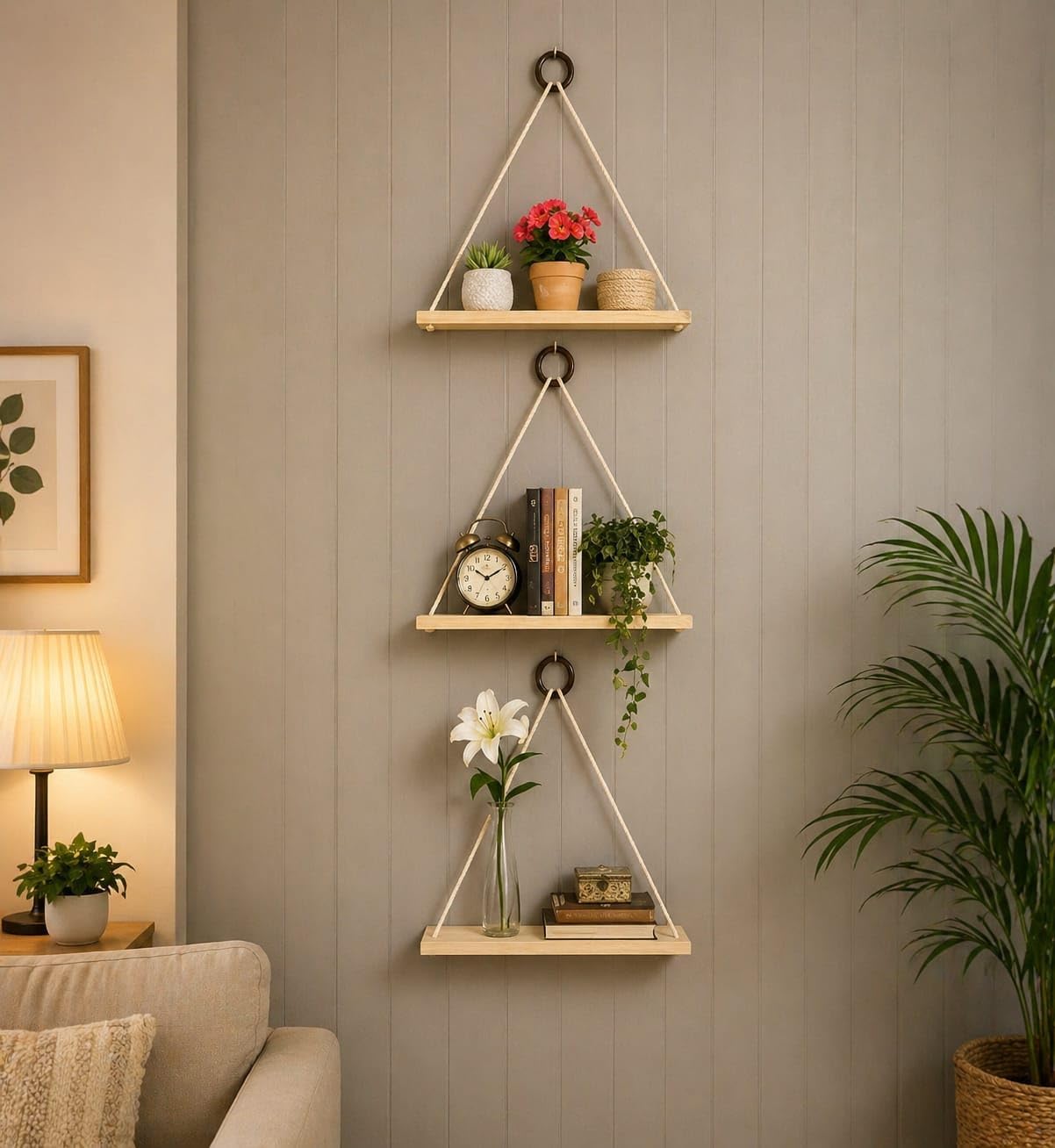 Ganvia Real Pine Wood Floating Rope Shelves For Wall  Rustic Farmhouse Hanging Plant Shelf & Decorative Storage Organizer For L