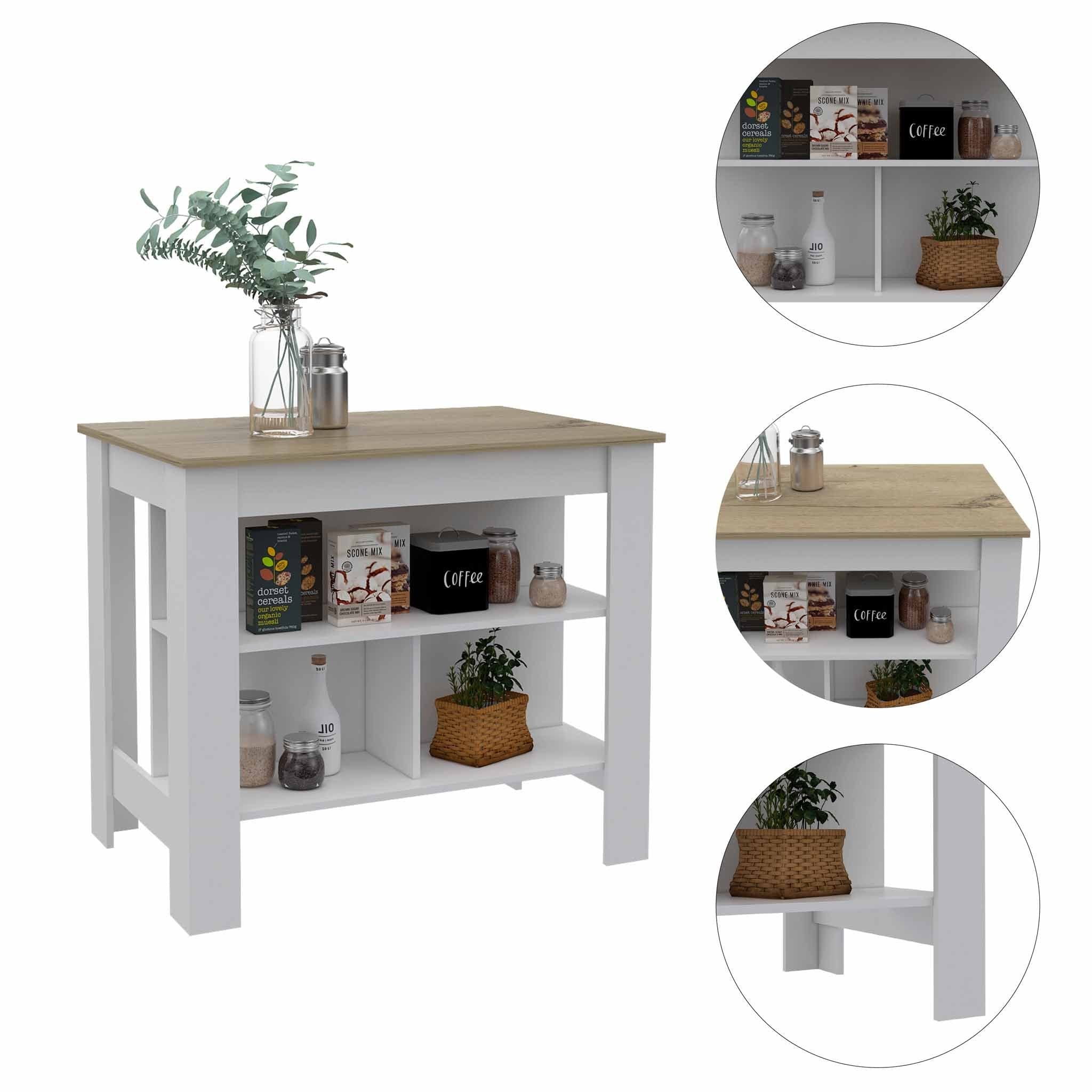 HomeRoots White - Light Oak Particle Board Light Oak and White Kitchen Island with Three Storage Shelves