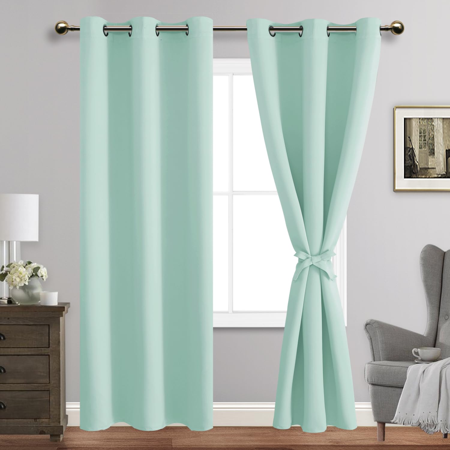 Jiuzhen Aqua Blackout Curtains With Tiebacks Thermal Insulated, Light Blocking And Noise Reducing Grommet Curtains For And Living Room, Set Of 2 Window Curtain Panels, 42 X 84 Inch Length