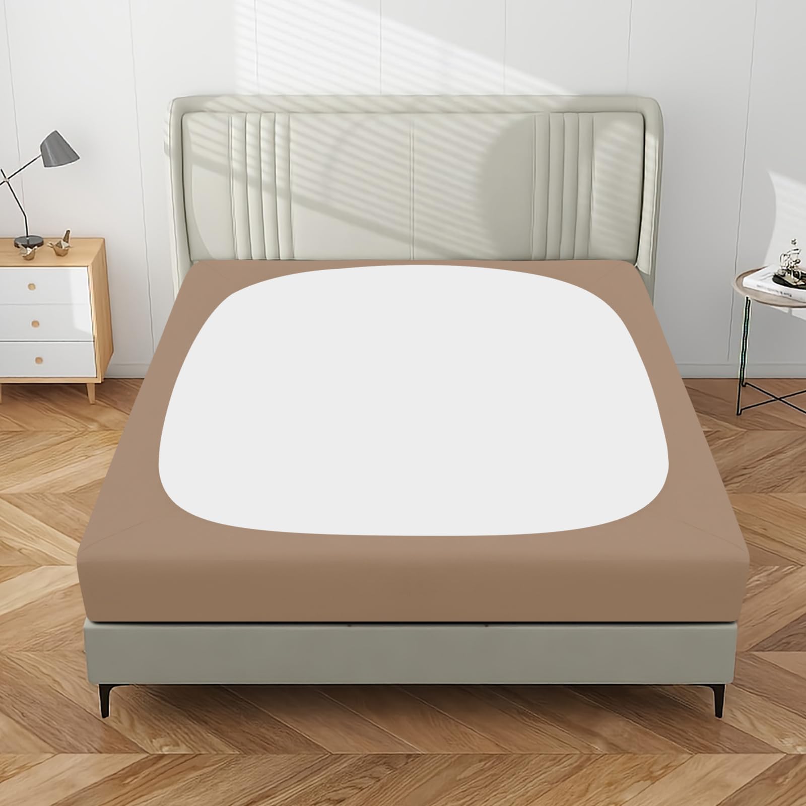 Purefit Stretchy Box Spring Cover Full - Elastic Fitted Box Spring Wrap Around 4 Sides, Wrinkle & Fading Resistant Fits Full Size Beds, Camel
