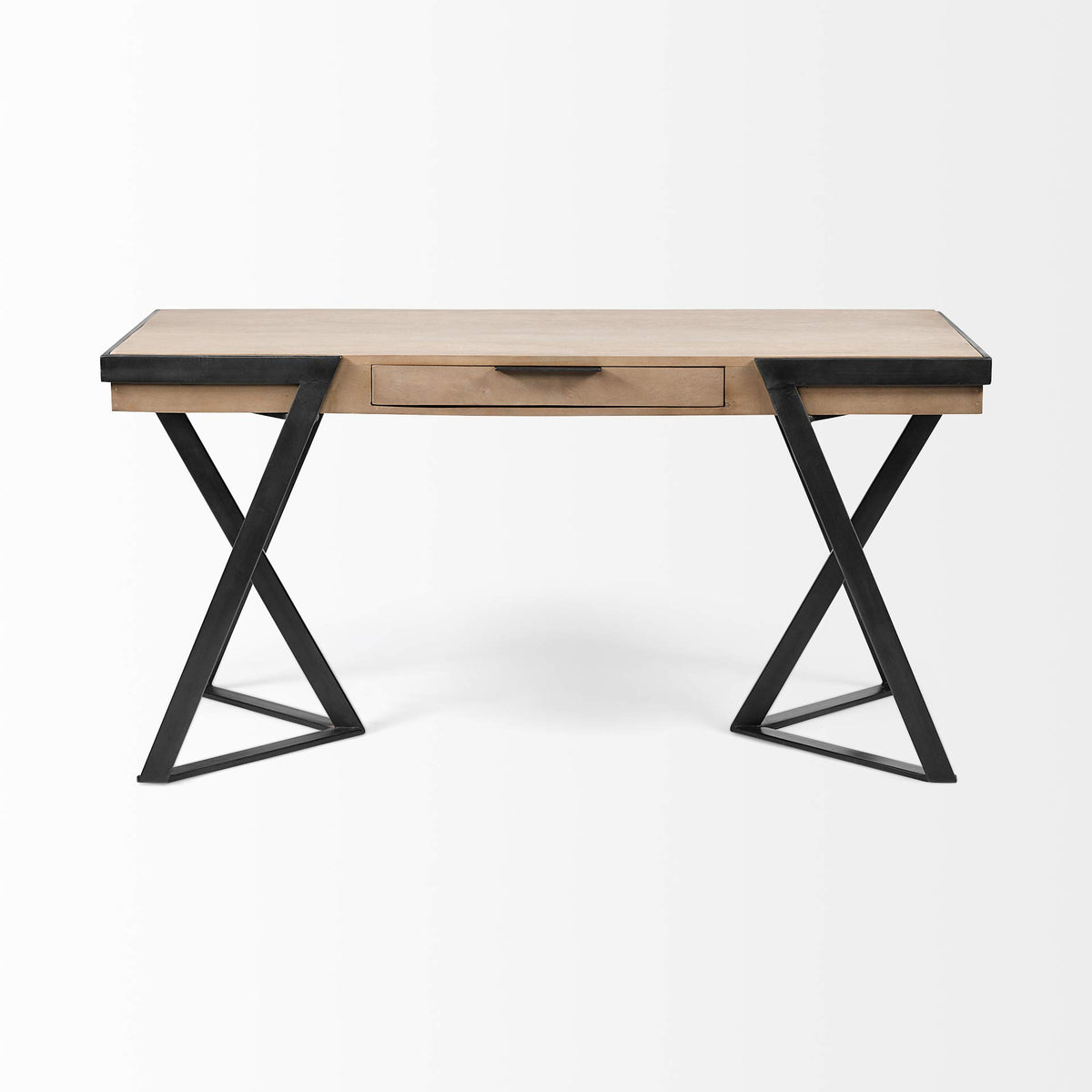 HomeRoots Brown Indian Mango Wood Solid Mango Wood Finish Writing Desk with Single Storage and Black Triangular Iron Legs