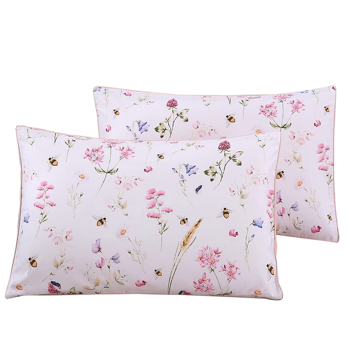 Winlife 100% Cotton Pillowcases King Size Pink Floral Bees Printed Pillow Cover 2 Pack, Super Soft Envelope Closure King Pillow