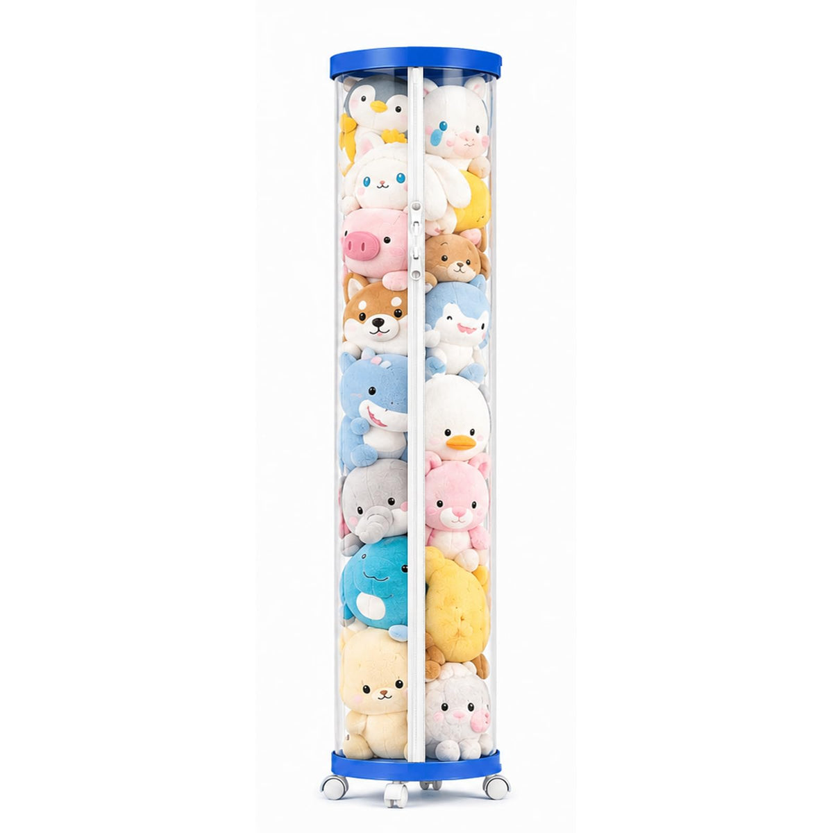 Flarelyare rge Stuffed Animal Storage Tube with Wheels, Tall Toy Organizer with Double Zipper, WhiteClear PET Cylinder Container