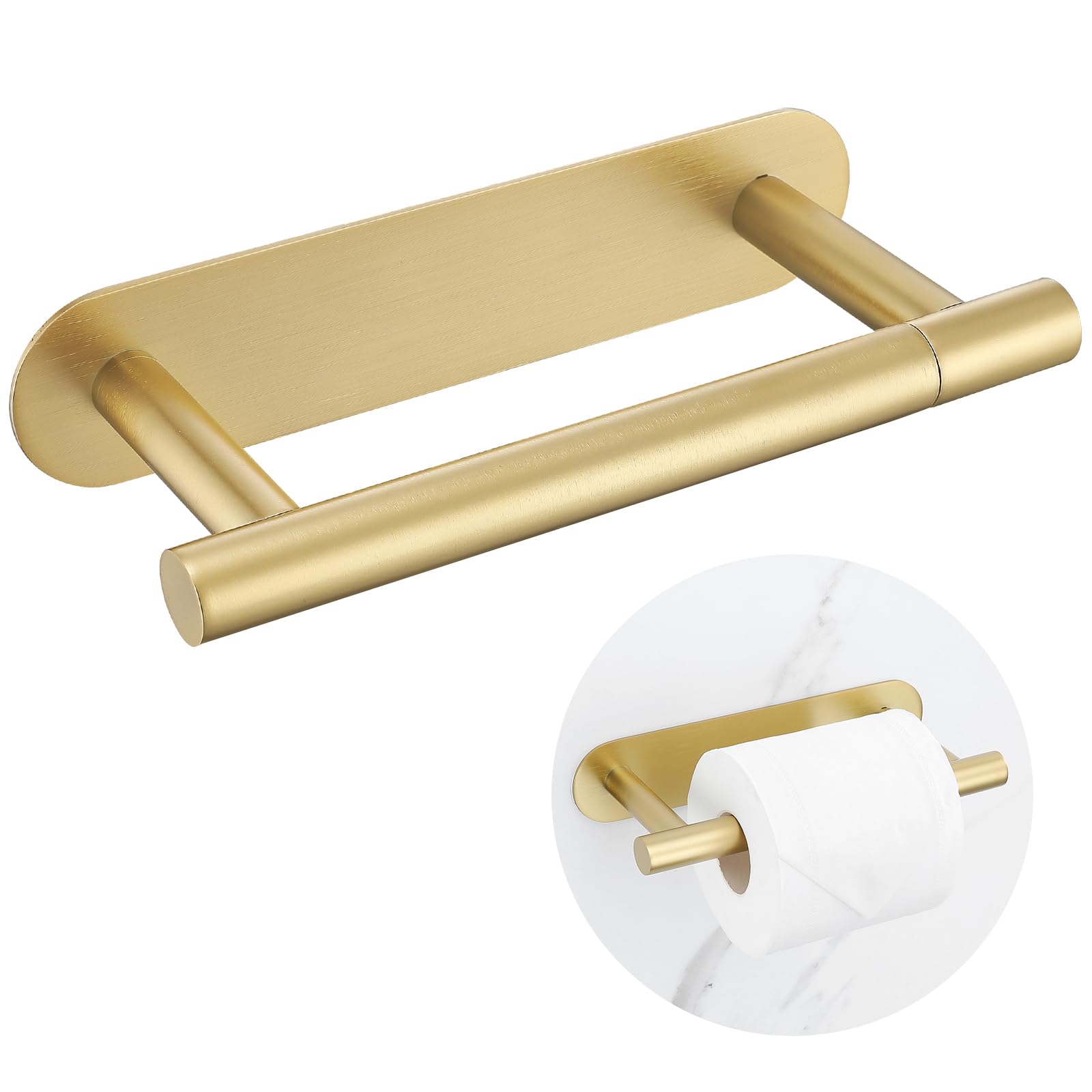 Self Adhesive Brushed Gold Toilet Paper Holder, SUS304 Stainless Steel Toilet Roll Holder, Double Base Paper Towel Holder Wall M